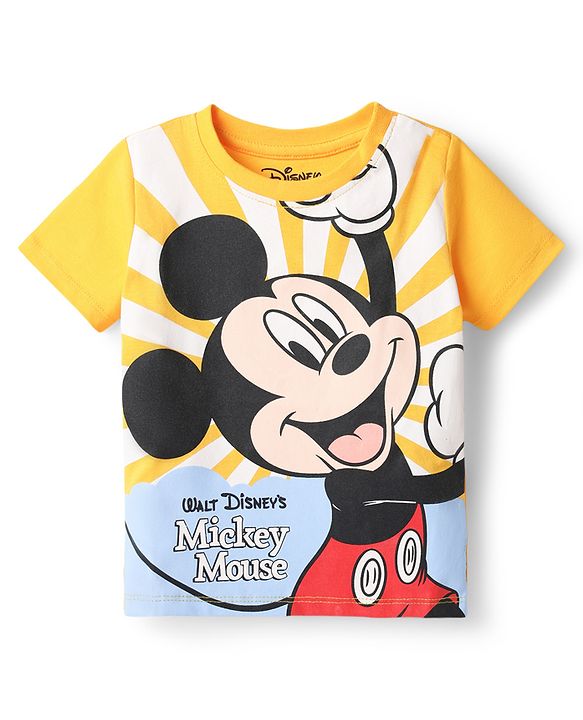 Babyhug Disney Single Jersey Knit Half Sleeves T-Shirt & Shorts Set With Mickey Mouse Graphics - Yellow