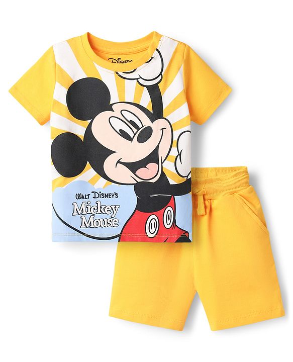 Babyhug Disney Single Jersey Knit Half Sleeves T-Shirt & Shorts Set With Mickey Mouse Graphics - Yellow