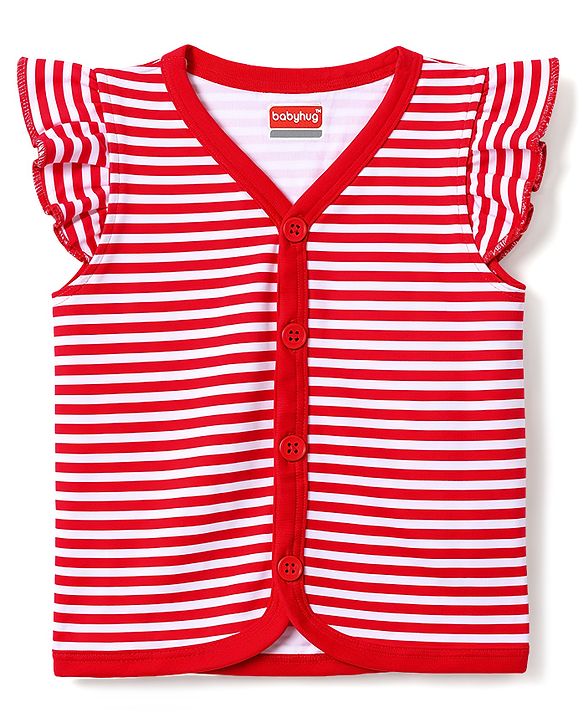 Babyhug 100% Cotton Interlock Knit Frill Sleeves Stripe & Floral Printed Front Open Jhablas Pack of 3 - Pink Red & Navy