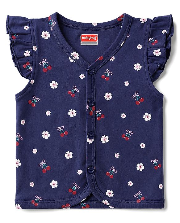 Babyhug 100% Cotton Interlock Knit Frill Sleeves Stripe & Floral Printed Front Open Jhablas Pack of 3 - Pink Red & Navy