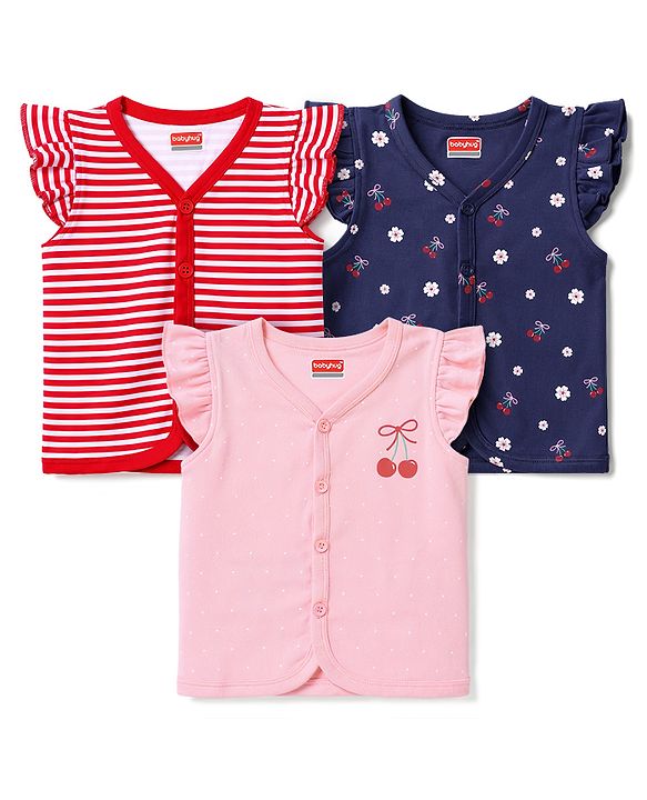 Babyhug 100% Cotton Interlock Knit Frill Sleeves Stripe & Floral Printed Front Open Jhablas Pack of 3 - Pink Red & Navy