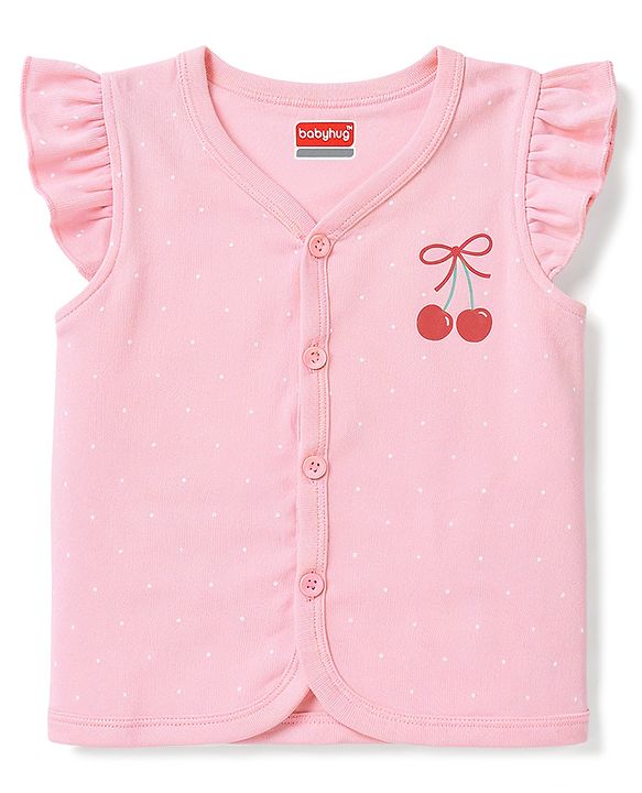 Babyhug 100% Cotton Interlock Knit Frill Sleeves Stripe & Floral Printed Front Open Jhablas Pack of 3 - Pink Red & Navy