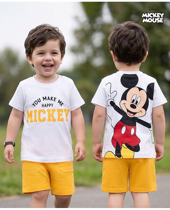 Babyhug Disney Single Jersey Knit Half Sleeves T-Shirt & Shorts Set With Front & Back Mickey Mouse Graphics - Multicolor
