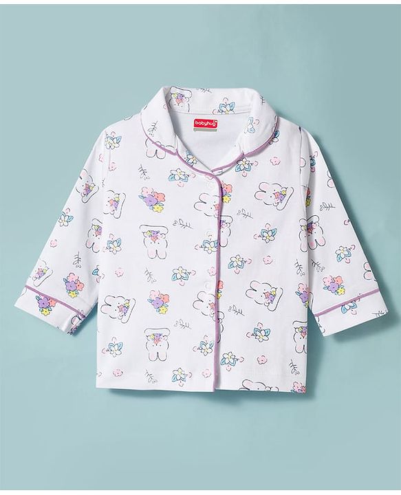 Babyhug 100% Cotton Knit Full Sleeves Bunny & Floral Printed Co-Ords Shirt & Pyjama Night Suit With Cap - White