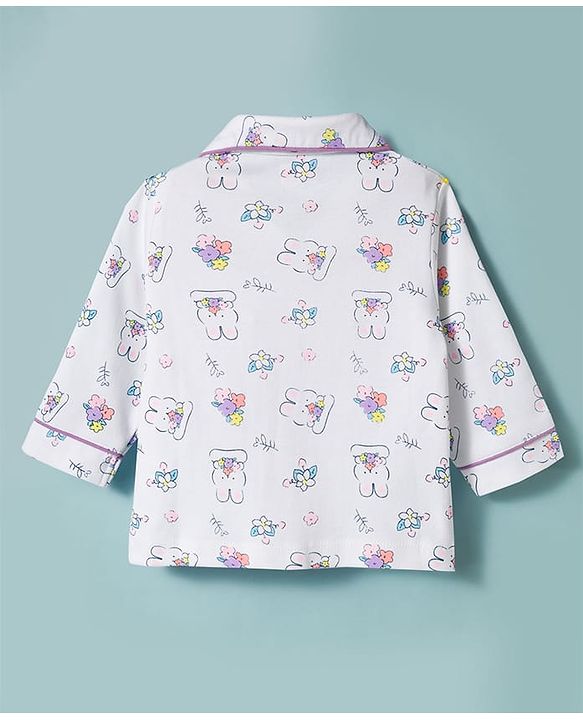 Babyhug 100% Cotton Knit Full Sleeves Bunny & Floral Printed Co-Ords Shirt & Pyjama Night Suit With Cap - White