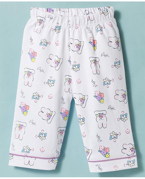 Babyhug 100% Cotton Knit Full Sleeves Bunny & Floral Printed Co-Ords Shirt & Pyjama Night Suit With Cap - White