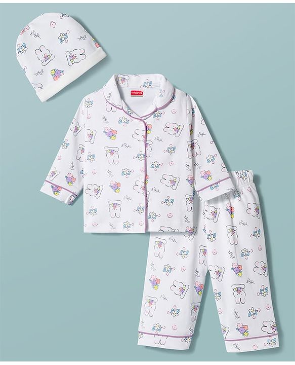 Babyhug 100% Cotton Knit Full Sleeves Bunny & Floral Printed Co-Ords Shirt & Pyjama Night Suit With Cap - White