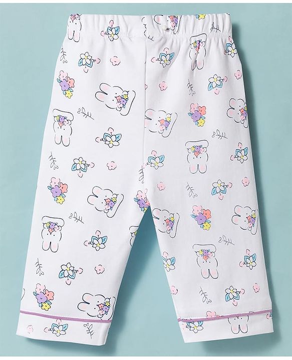 Babyhug 100% Cotton Knit Full Sleeves Bunny & Floral Printed Co-Ords Shirt & Pyjama Night Suit With Cap - White