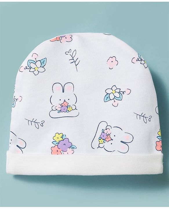 Babyhug 100% Cotton Knit Full Sleeves Bunny & Floral Printed Co-Ords Shirt & Pyjama Night Suit With Cap - White