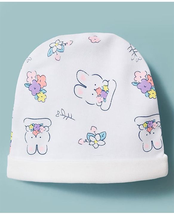 Babyhug 100% Cotton Knit Full Sleeves Bunny & Floral Printed Co-Ords Shirt & Pyjama Night Suit With Cap - White