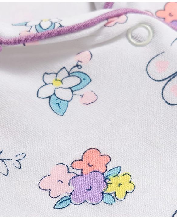 Babyhug 100% Cotton Knit Full Sleeves Bunny & Floral Printed Co-Ords Shirt & Pyjama Night Suit With Cap - White