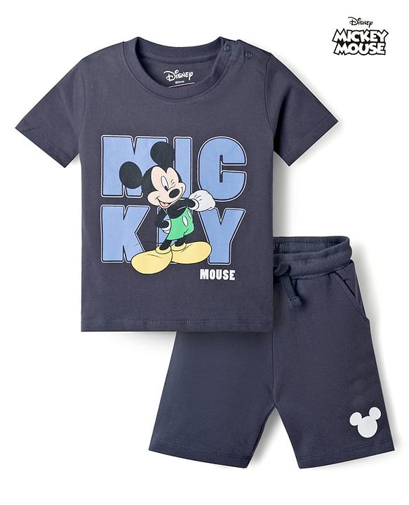 Babyhug Disney 100% Cotton Knit Half Sleeves T-Shirt & Shorts Set With Micky Mouse Graphics - Grey