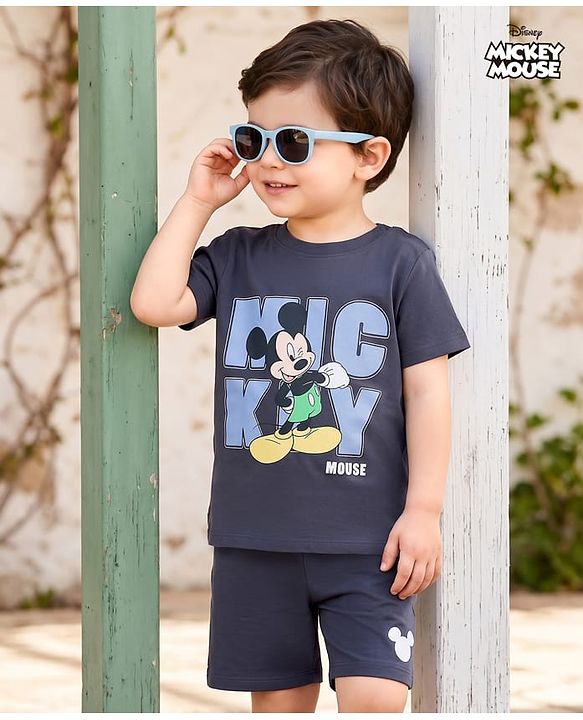 Babyhug Disney 100% Cotton Knit Half Sleeves T-Shirt & Shorts Set With Micky Mouse Graphics - Grey