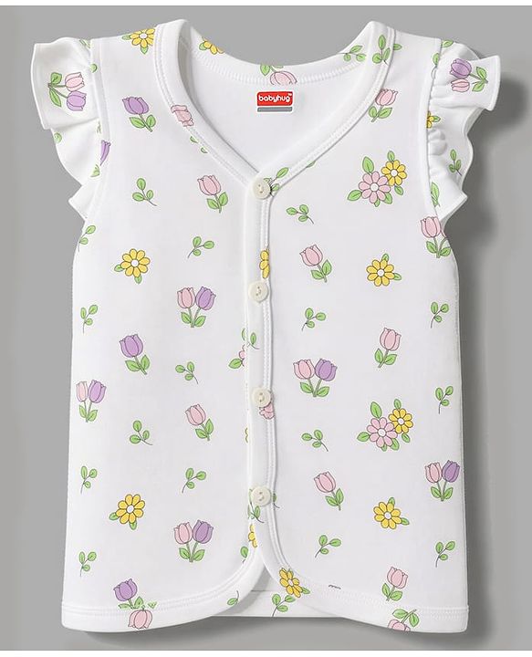 Babyhug 100% Cotton Knit Frill Sleeves Bunny & Floral Printed Jhablas Pack Of 3 - Yellow Pink & White