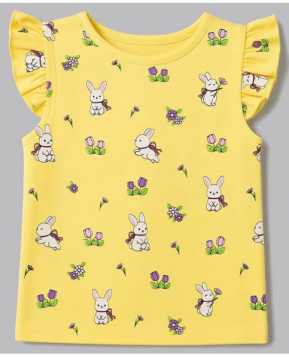 Babyhug 100% Cotton Knit Frill Sleeves Bunny & Floral Printed Jhablas Pack Of 3 - Yellow Pink & White