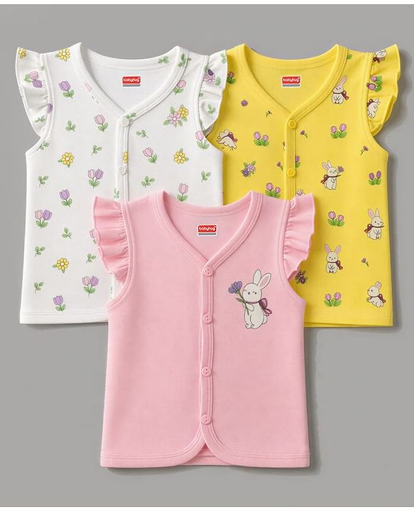 Babyhug 100% Cotton Knit Frill Sleeves Bunny & Floral Printed Jhablas Pack Of 3 - Yellow Pink & White