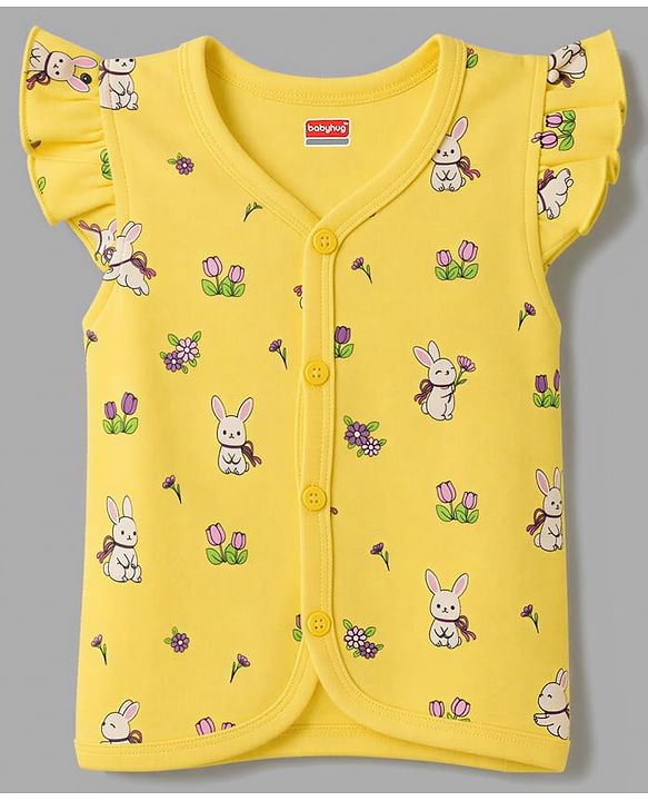 Babyhug 100% Cotton Knit Frill Sleeves Bunny & Floral Printed Jhablas Pack Of 3 - Yellow Pink & White