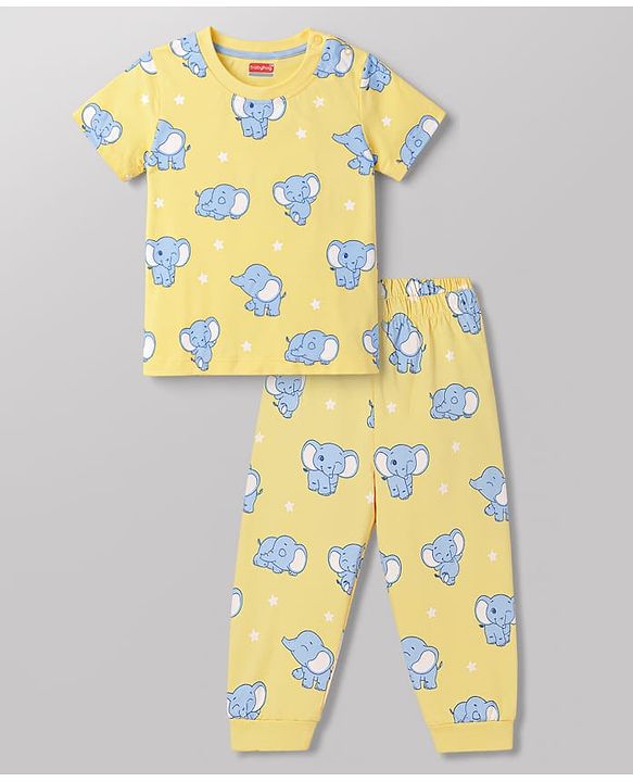 Babyhug Cotton Knit Half Sleeves T-Shirt & Pyjama Co-ord Night Suit with Elephant Print - Yellow