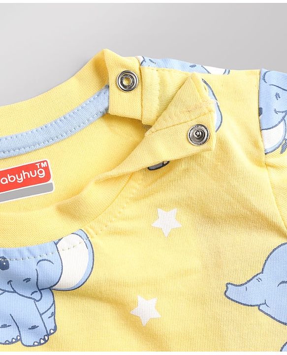 Babyhug Cotton Knit Half Sleeves T-Shirt & Pyjama Co-ord Night Suit with Elephant Print - Yellow