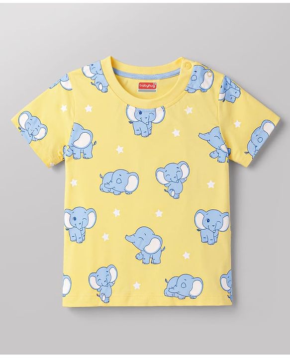 Babyhug Cotton Knit Half Sleeves T-Shirt & Pyjama Co-ord Night Suit with Elephant Print - Yellow