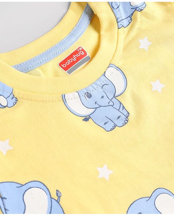 Babyhug Cotton Knit Half Sleeves T-Shirt & Pyjama Co-ord Night Suit with Elephant Print - Yellow