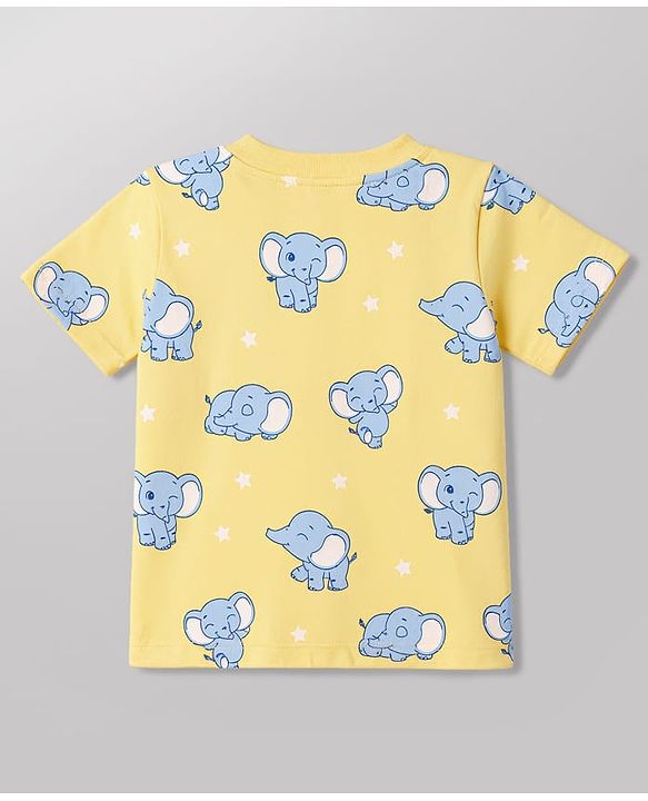 Babyhug Cotton Knit Half Sleeves T-Shirt & Pyjama Co-ord Night Suit with Elephant Print - Yellow