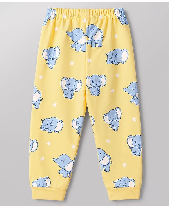 Babyhug Cotton Knit Half Sleeves T-Shirt & Pyjama Co-ord Night Suit with Elephant Print - Yellow