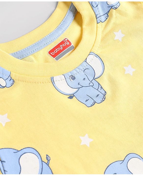 Babyhug Cotton Knit Half Sleeves T-Shirt & Pyjama Co-ord Night Suit with Elephant Print - Yellow
