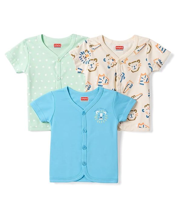 Babyhug 100% Cotton Interlock Knit Half Sleeves Front Open Jhablas with Star & Cub Face Print Pack of 3 - Light Blue