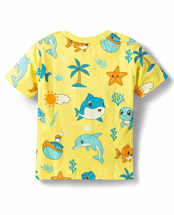 Babyhug Cotton Knit Half Sleeves Sea Life Printed Co-Ords T-Shirt & Pyjama Night Suit - Yellow