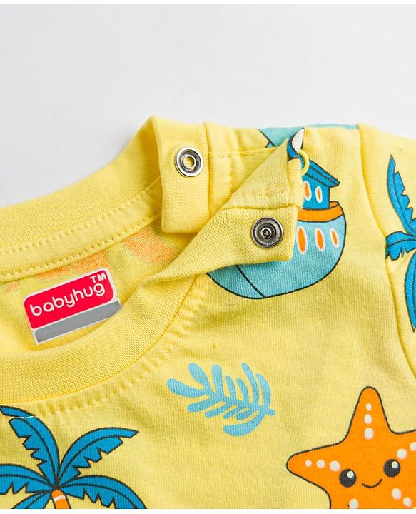 Babyhug Cotton Knit Half Sleeves Sea Life Printed Co-Ords T-Shirt & Pyjama Night Suit - Yellow