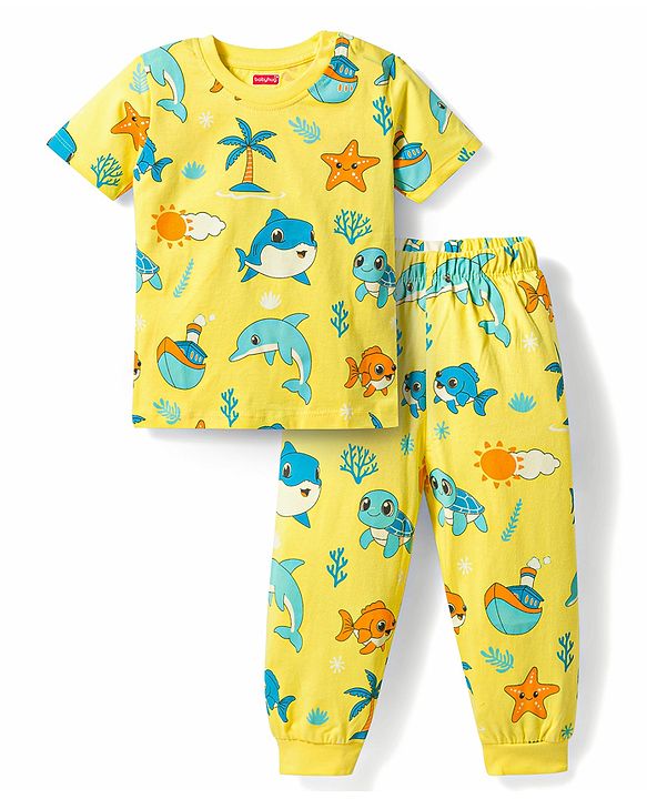 Babyhug Cotton Knit Half Sleeves Sea Life Printed Co-Ords T-Shirt & Pyjama Night Suit - Yellow