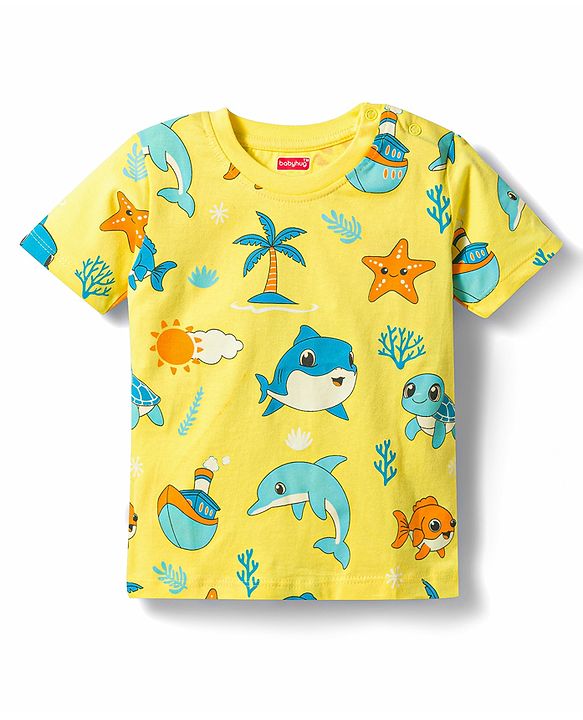 Babyhug Cotton Knit Half Sleeves Sea Life Printed Co-Ords T-Shirt & Pyjama Night Suit - Yellow