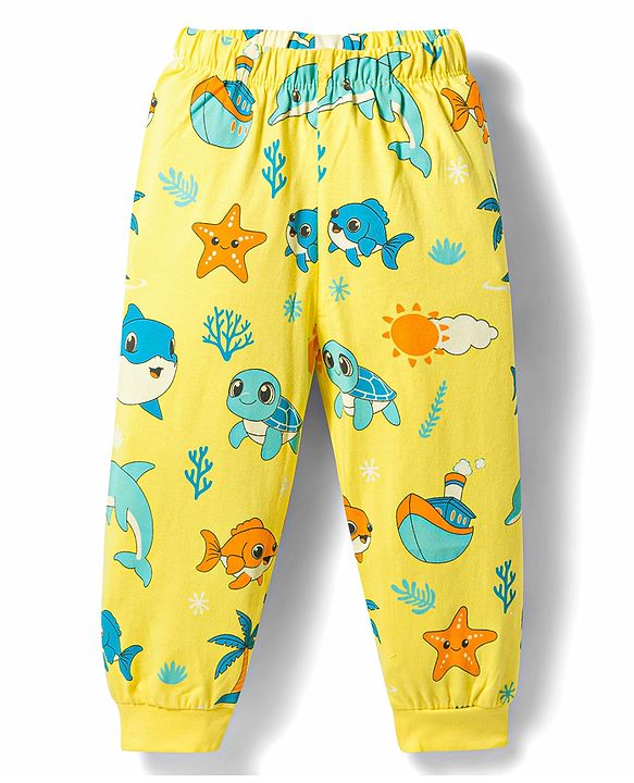 Babyhug Cotton Knit Half Sleeves Sea Life Printed Co-Ords T-Shirt & Pyjama Night Suit - Yellow