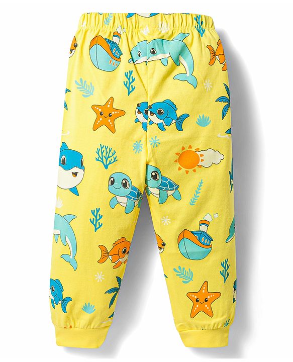 Babyhug Cotton Knit Half Sleeves Sea Life Printed Co-Ords T-Shirt & Pyjama Night Suit - Yellow