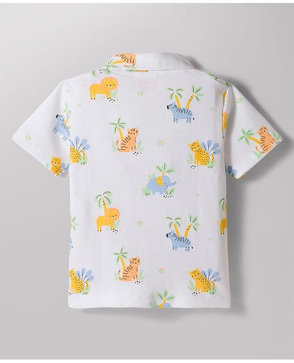 Babyhug 100% Cotton Knit Half Sleeves Jungle Theme Printed Co-Ords Shirt & Pyjama Night Suit - White