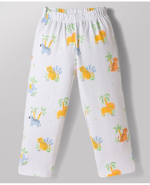 Babyhug 100% Cotton Knit Half Sleeves Jungle Theme Printed Co-Ords Shirt & Pyjama Night Suit - White