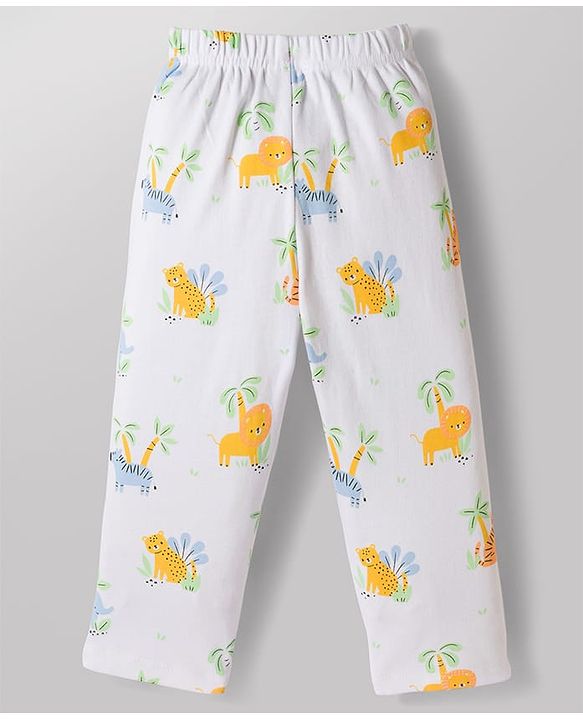 Babyhug 100% Cotton Knit Half Sleeves Jungle Theme Printed Co-Ords Shirt & Pyjama Night Suit - White