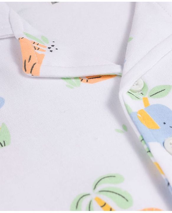 Babyhug 100% Cotton Knit Half Sleeves Jungle Theme Printed Co-Ords Shirt & Pyjama Night Suit - White