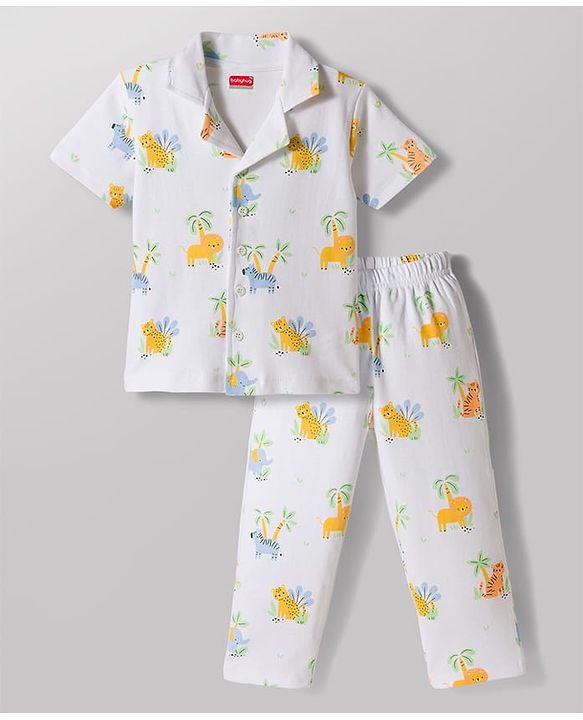 Babyhug 100% Cotton Knit Half Sleeves Jungle Theme Printed Co-Ords Shirt & Pyjama Night Suit - White
