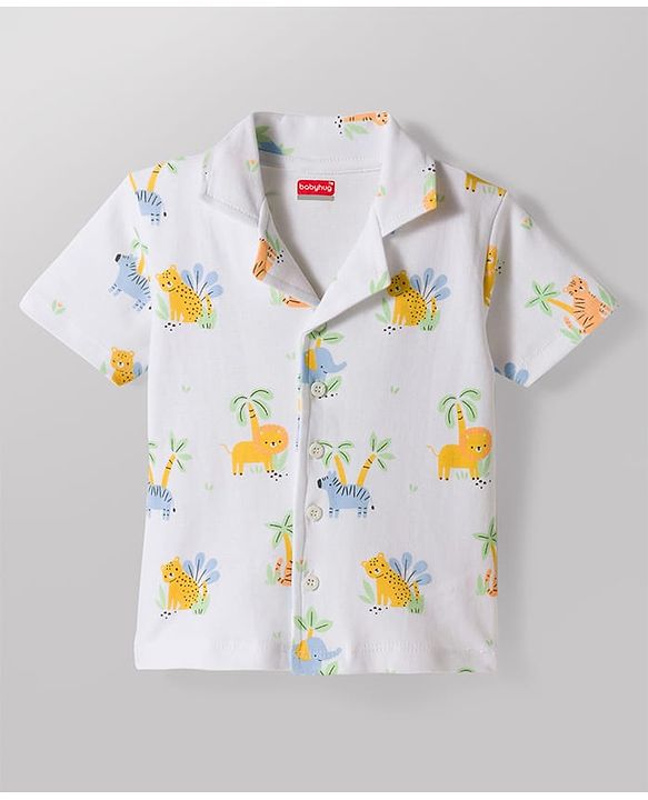Babyhug 100% Cotton Knit Half Sleeves Jungle Theme Printed Co-Ords Shirt & Pyjama Night Suit - White