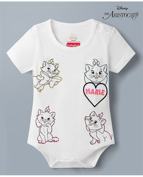 Babyhug Disney Interlock Knit Half Sleeves Onesies With Marie Graphic - White