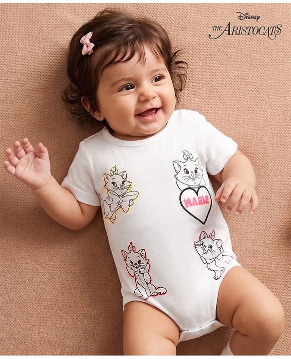 Babyhug Disney Interlock Knit Half Sleeves Onesies With Marie Graphic - White
