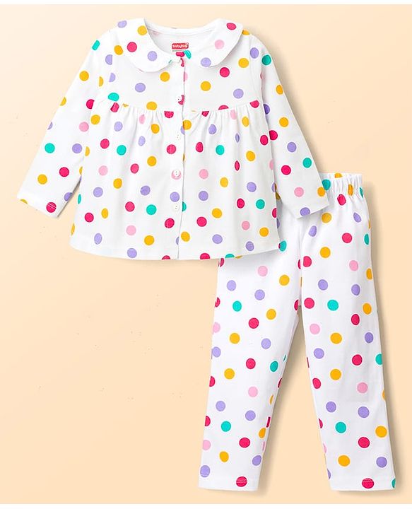 Babyhug Cotton Knit Full Sleeves Polka Dots Printed Co-Ords Top & Pyjama Night Suit - White