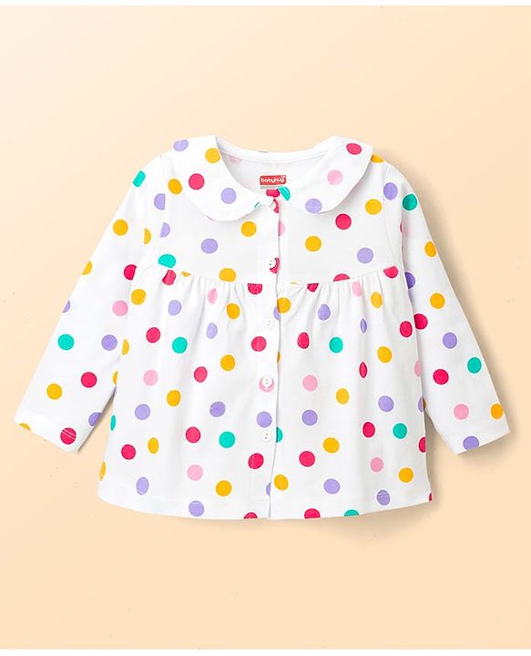 Babyhug Cotton Knit Full Sleeves Polka Dots Printed Co-Ords Top & Pyjama Night Suit - White