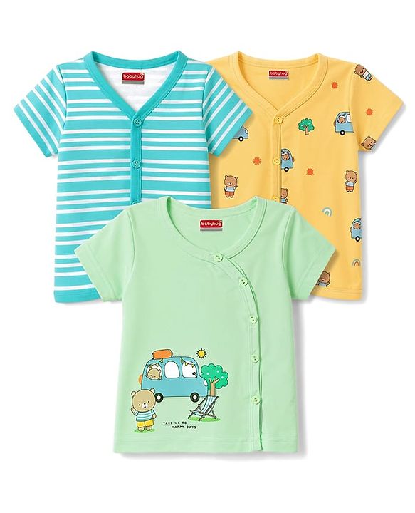 Babyhug 100% Cotton Knit Half Sleeves Striped Vehicles & Bear Printed Jhablas Pack Of 3 - Light Blue Yellow & Light Green
