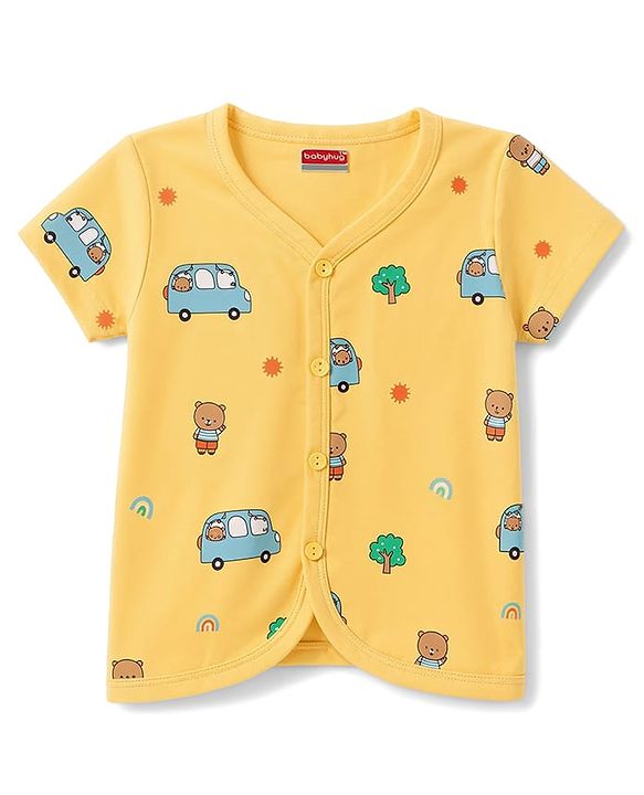 Babyhug 100% Cotton Knit Half Sleeves Striped Vehicles & Bear Printed Jhablas Pack Of 3 - Light Blue Yellow & Light Green