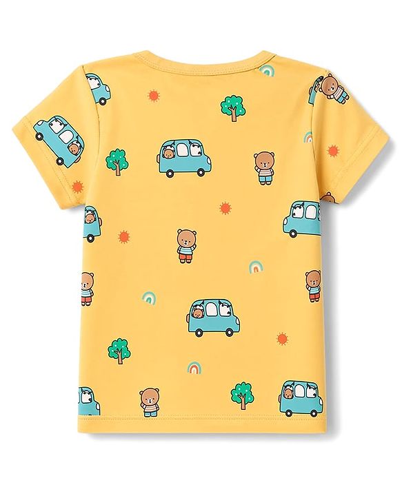 Babyhug 100% Cotton Knit Half Sleeves Striped Vehicles & Bear Printed Jhablas Pack Of 3 - Light Blue Yellow & Light Green