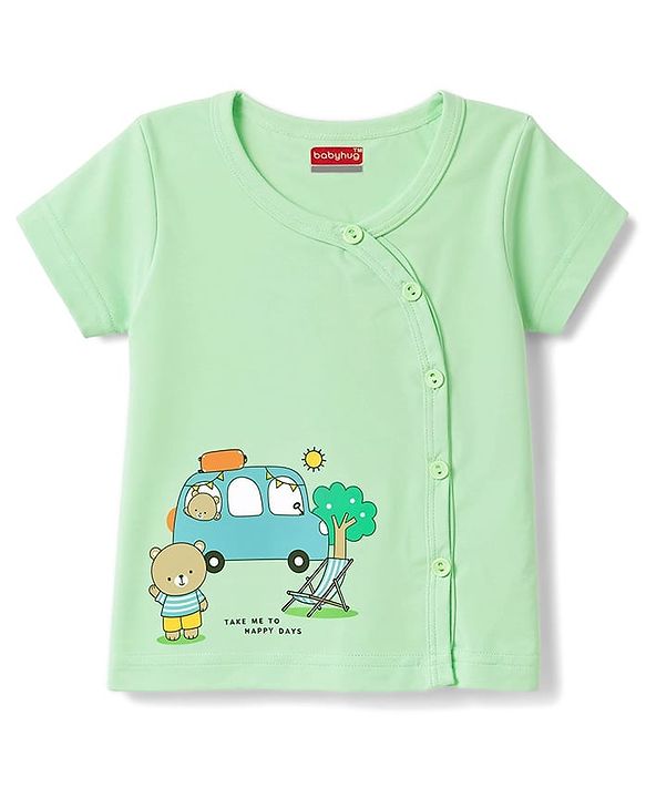 Babyhug 100% Cotton Knit Half Sleeves Striped Vehicles & Bear Printed Jhablas Pack Of 3 - Light Blue Yellow & Light Green