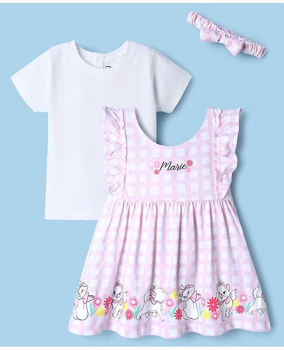 Babyhug Disney Single Jersey Knit Frock with Inner Tee and Headband with Half Sleeves and Marie Graphic - Pink